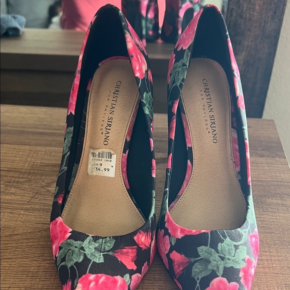 Christian Siriano Black and Pink Floral Heels